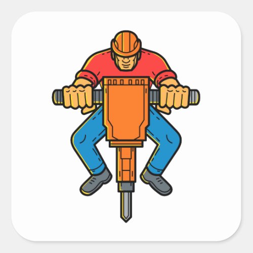 Construction Worker Jackhammer Mono Line Art Square Sticker