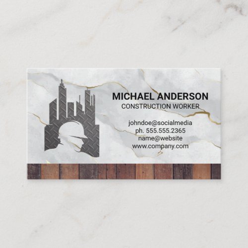 Construction Worker Logo  Wood Marble Business Card