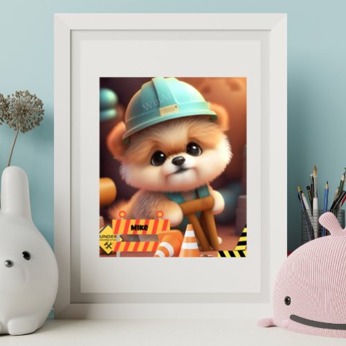 Construction Worker Puppy Dog Personalized Art Poster