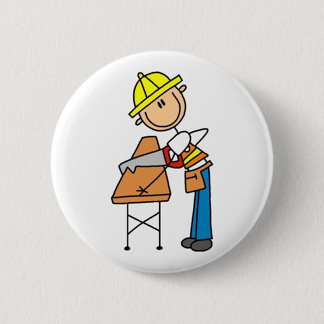 Construction Worker Sawing Lumber Gifts Pinback Button (Front)