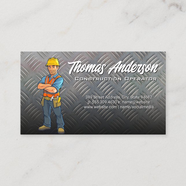 Construction Worker | Steel Background Business Card (Front)