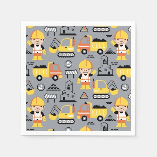 Construction Worker Tipper Truck Digger Pattern Napkins