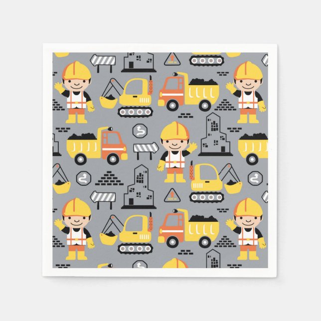 Construction Worker Tipper Truck Digger Pattern Napkins (Front)