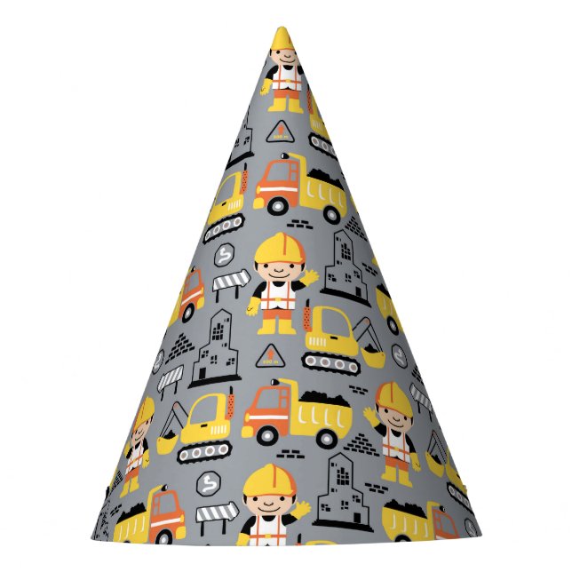 Construction Worker Tipper Truck Digger Pattern Party Hat (Front)