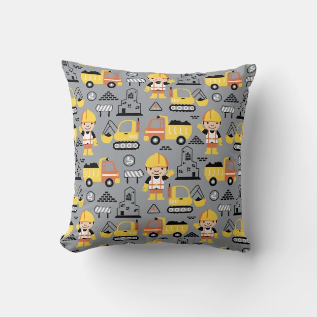 Construction Worker Tipper Truck Digger Pattern Throw Pillow (Front)