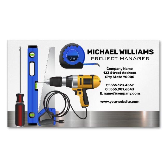 Construction Worker Tools | Project Manager Business Card Magnet (Front)
