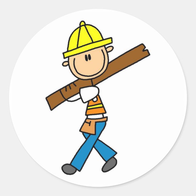 Construction Worker with Lumber Classic Round Sticker (Front)