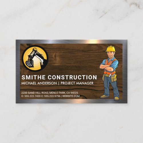 Construction Worker  Wood and Metal Background  Business Card