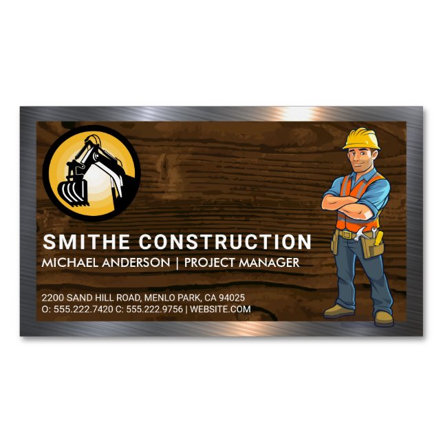 Construction Worker | Wood and Metal Background  Business Card Magnet (Front)