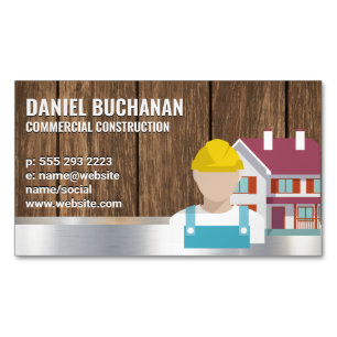 Construction Worker   Wood Metallic Background Business Card Magnet
