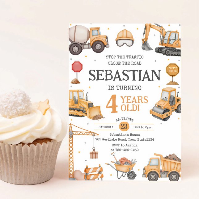 Construction Yellow Black 3rd Birthday Invitation (Creator Uploaded)