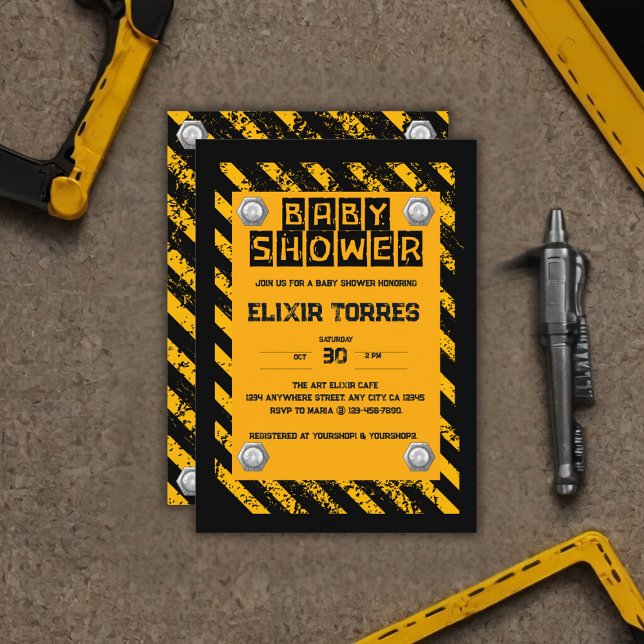 Construction Yellow & Black Baby Shower Invitation (Creator Uploaded)