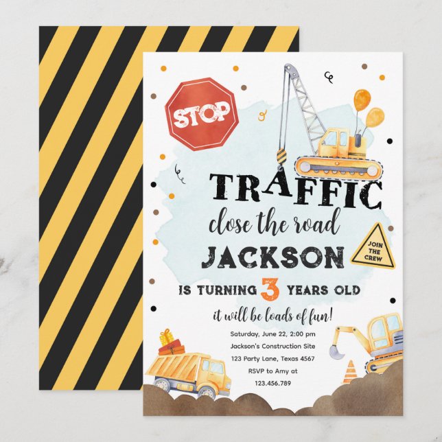 Construction Yellow Dump Truck Boy Birthday Invita Invitation (Front/Back)