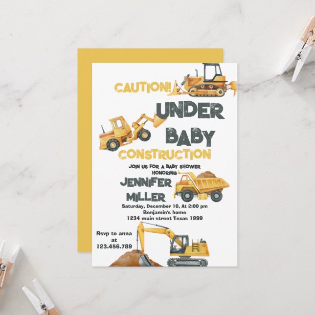 Construction Yellow Dump Truck Digger Baby Shower Invitation (Front/Back In Situ)