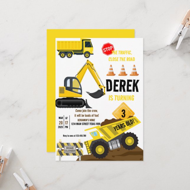 Construction Yellow Dump Truck Digger Boy Birthday Invitation (Front/Back In Situ)