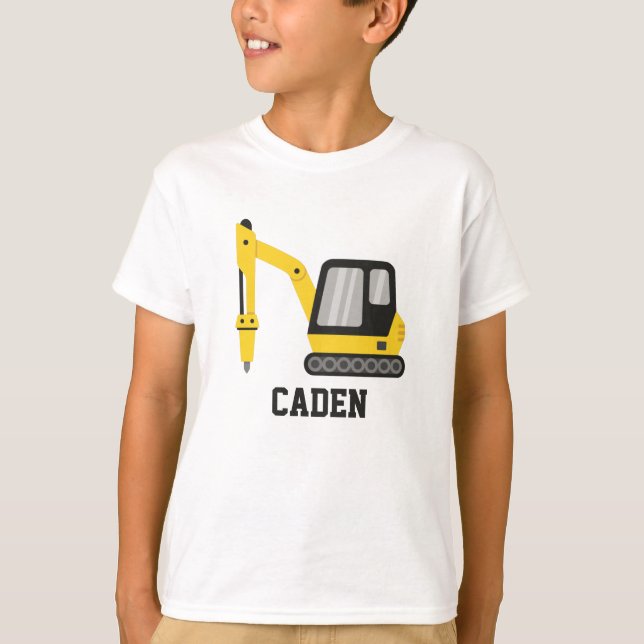 Construction Yellow Excavator Breaker Kids Name T-Shirt (Front)