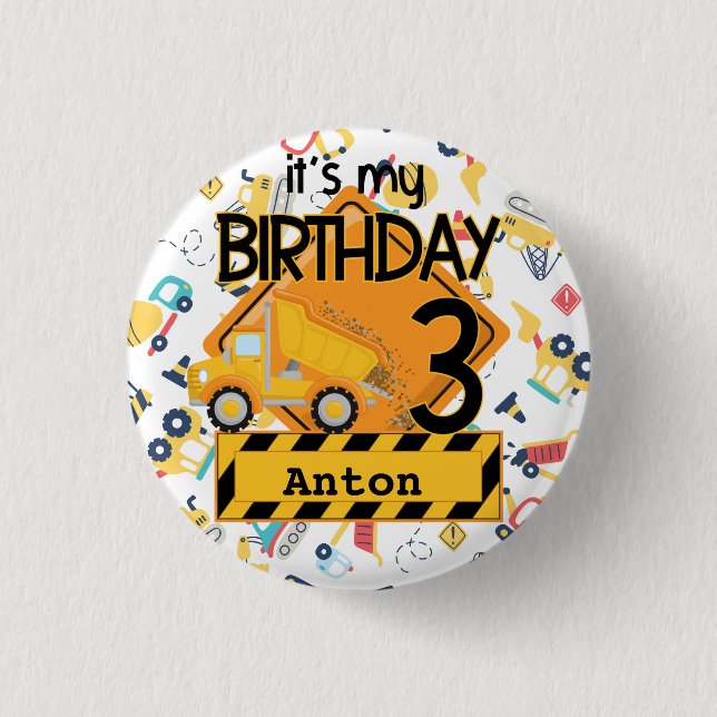 Construction yellow trucks car 3rd birthday  button (Front)
