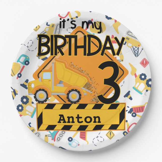 Construction yellow trucks car 3rd birthday  paper plates (Front)