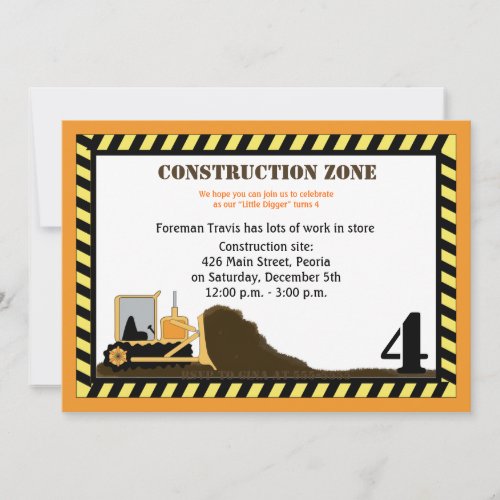 Construction Zone Backhoe Boys Birthday Invite