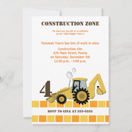 Construction Zone Backhoe Boys Birthday Invite