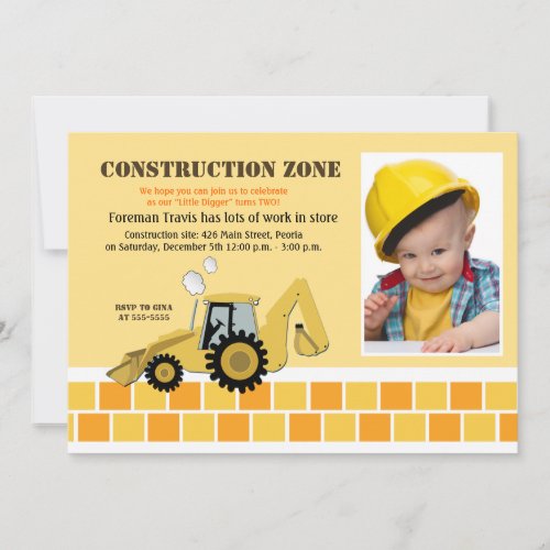 Construction Zone Backhoe Boys Birthday Invite