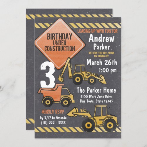 Construction Zone Birthday Chalkboard and Trucks Invitation