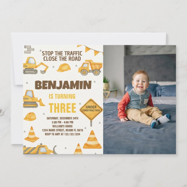 Construction Zone Birthday Invitation with photo (Front)