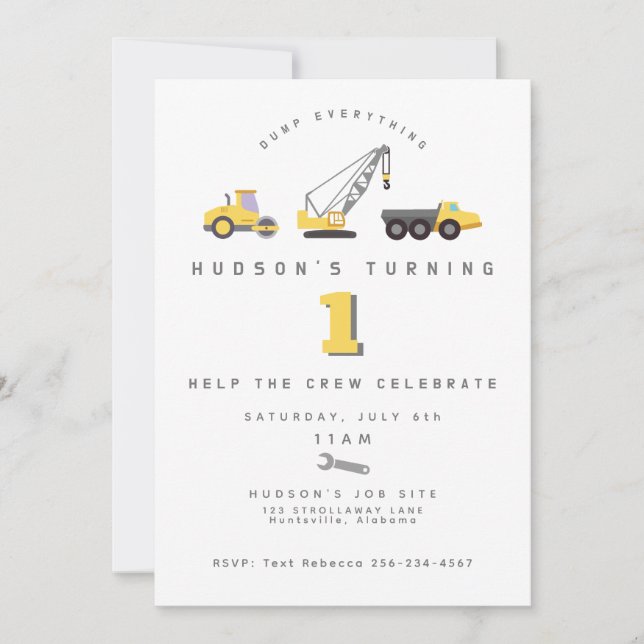 Construction Zone Dump Truck Birthday Invitation (Front)