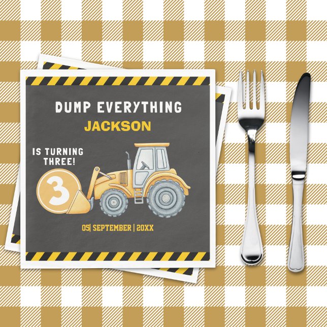 "Construction Zone Party – Dump Truck 3rd Birthday Napkins (Creator Uploaded)