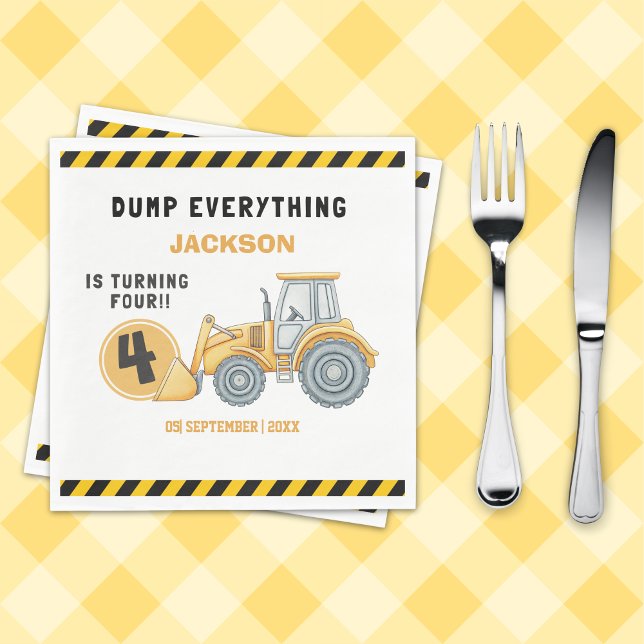 "Construction Zone Party – Dump Truck 4th Birthday Napkins (Creator Uploaded)