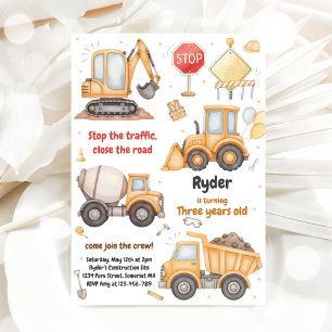 Constructions Dump Truck Excavator Boy Birthday Invitation