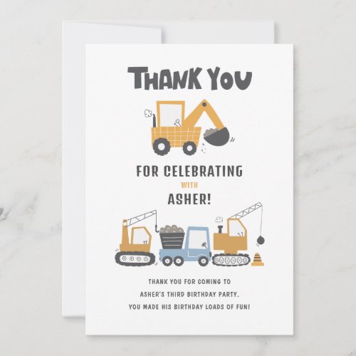 Constrution Theme Birthday Party Thank You Card