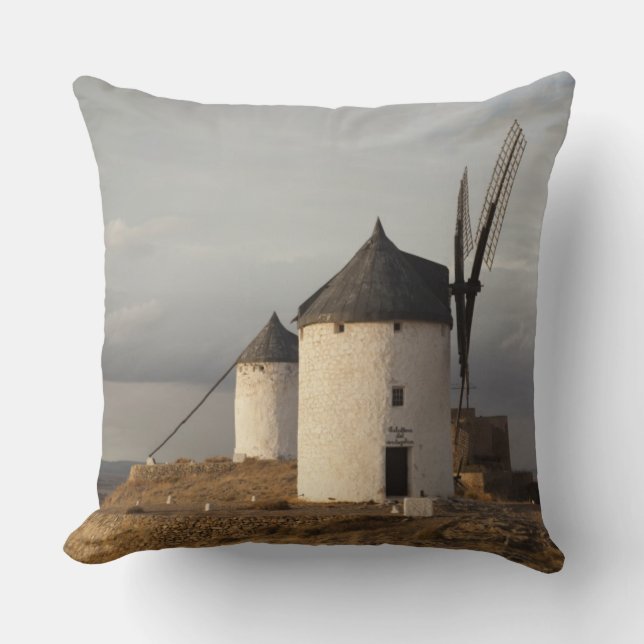 Consuegra, antique La Mancha windmills Throw Pillow (Front)