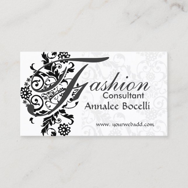 Consultant  Floral Black Lace Adorned Monogram Business Card (Front)