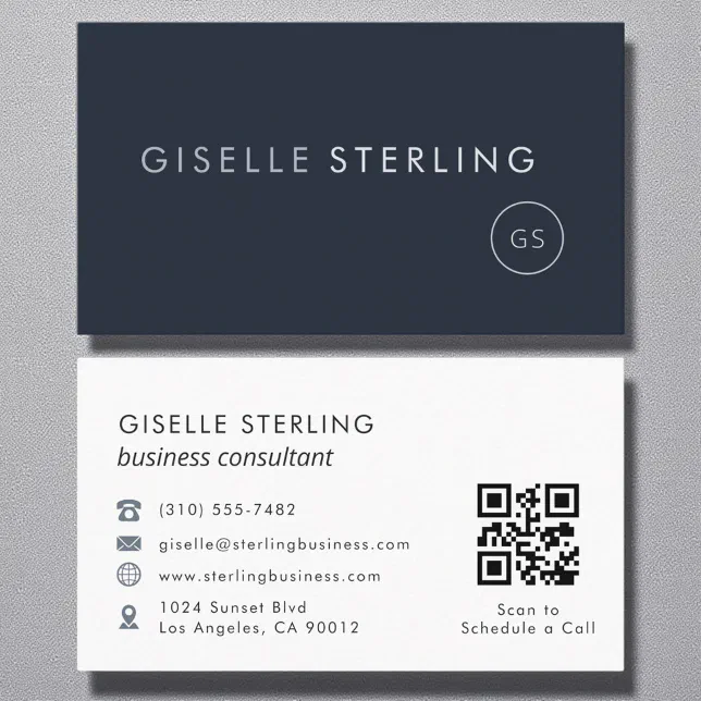 Consultant QR Code Navy Blue Modern Elegant Business Card | Zazzle