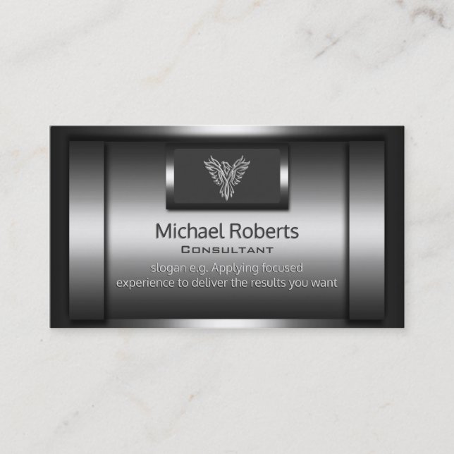 Consultant - shiny faux metal, silver eagle logo business card (Front)