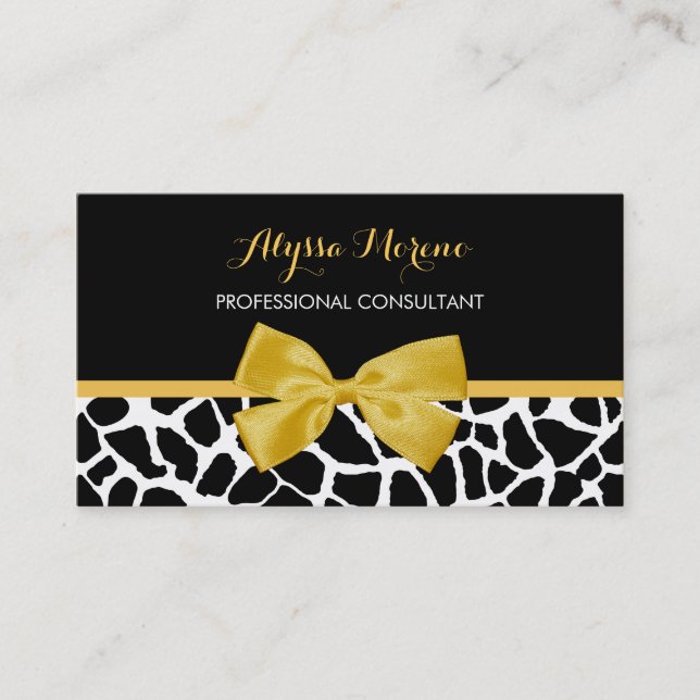 Consultant Trendy Giraffe Print Golden Yellow Bow Business Card (Front)