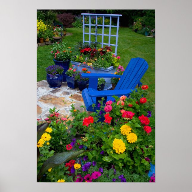 Container Garden design with blue chair in our Poster (Front)