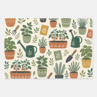 Container Garden Tomatoes and Potted Herbs Pattern Wrapping Paper Sheets