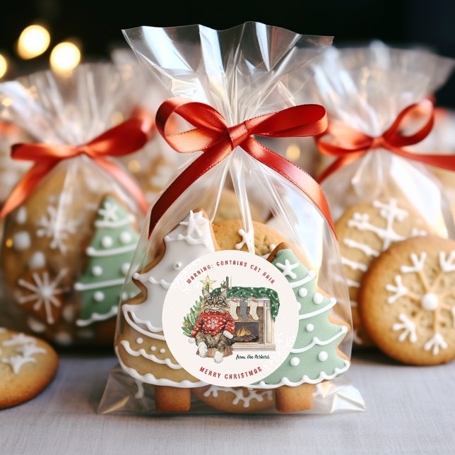 Contains Cat Hair Funny Christmas Personalized Classic Round Sticker (Creator Uploaded)