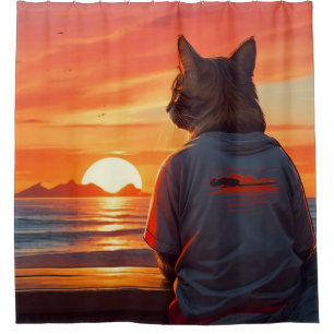 “Contemplative Cat at Sunset: Whimsical Beach Art" Shower Curtain
