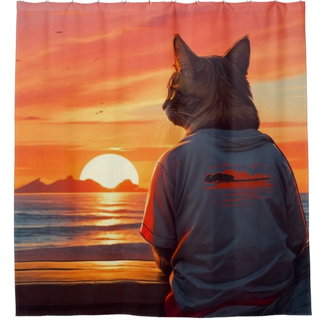 “Contemplative Cat at Sunset: Whimsical Beach Art" Shower Curtain (Front)