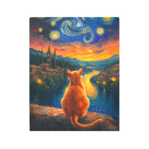 Contemplative Ginger Cat Starry Night Sky Art
