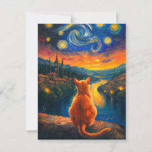 Contemplative Ginger Cat   Starry Night Sky Art Postcard