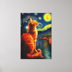 Contemplative Ginger Cat   Starry Night Sky Canvas Print