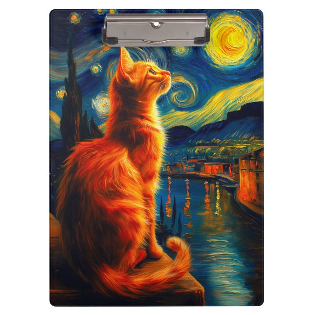 Contemplative Ginger Cat | Starry Night Sky Clipboard (Front)