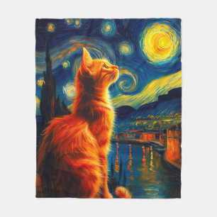 Contemplative Ginger Cat Starry Night Sky Fleece Blanket