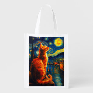 Contemplative Ginger Cat Starry Night Sky Grocery Bag