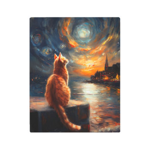 Contemplative Ginger Cat Starry Night Sky Metal Print