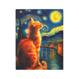 Contemplative Ginger Cat Starry Night Sky Metal Print